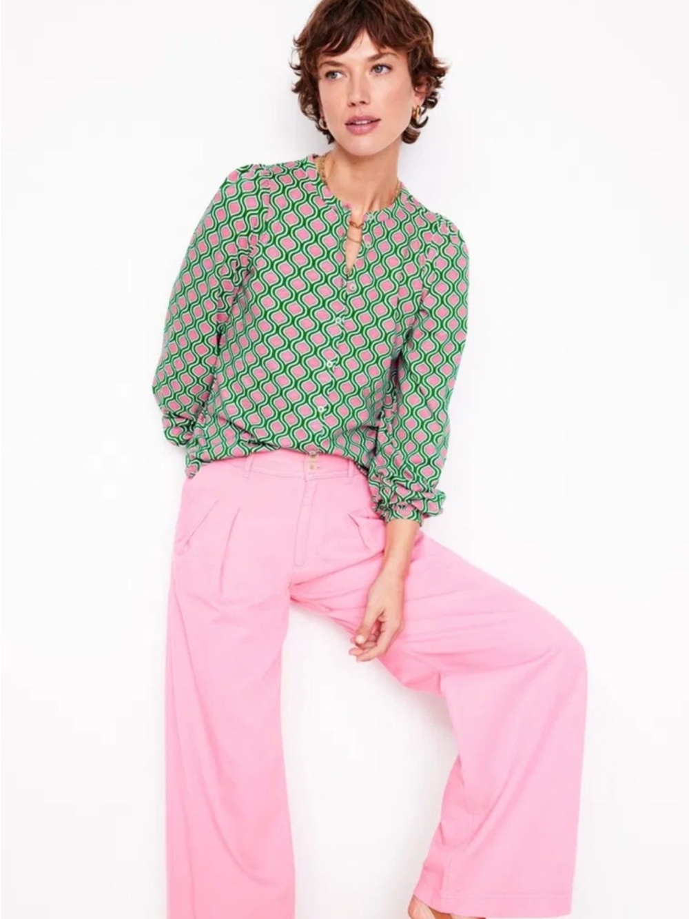 Boden Marina Jersey Shirt pink green geometric print button up top Sz 6
